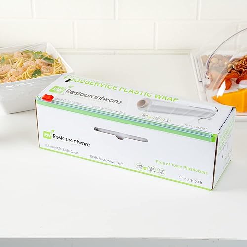 Restaurantware Base 12 Inch x 2000 Feet Cling Wrap, 1 Roll Microwave-Safe Cling Film - With Removable Slide-Cutter, BPA-Free, Clear Plastic Food Wrapping Film, Securely Seal & Keep Food Fresh