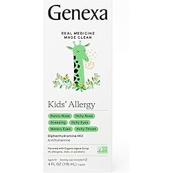 Genexa Kids' Liquid Allergy Medication - 4oz - Effective Antihistamine Medication for Children - Organic Agave Flavor - Certified Vegan, Gluten-Free & Non-GMO,Amber
