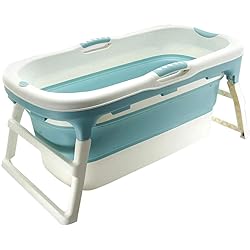 Foldable Plastic Adult Bathtub Portable Bath Barrel Foldable Available Throughout The Family with Carrying Handle 113X59X53CM Color : Blue