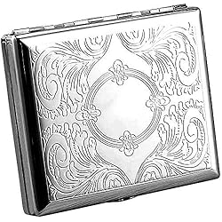 Retro Cigarette Case Victorian Style Metal Holder for Regular, King and 100's Size Credit Card Holder Pocket Security Wallet, Large with Ethched Pattern ET-L100, Silver