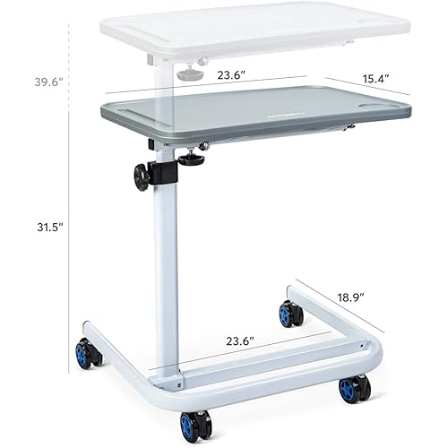 OasisSpace Overbed Table and Heavy Duty Sliding Bathtub Transfer Bench 450lbs, Hospital Bed Table with Holder, Adjustable Over Bedside with Wheels for Hospital and Home Use