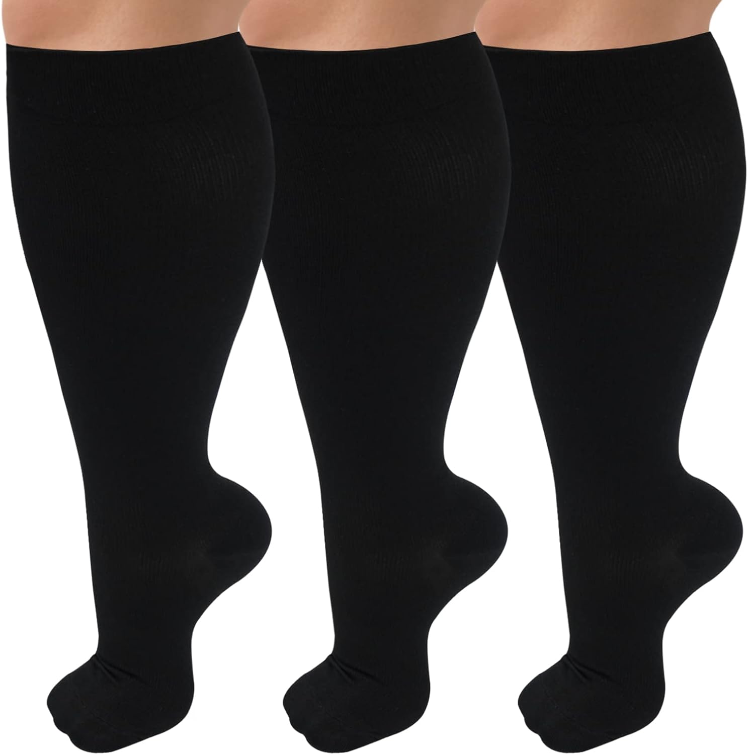 3 Pack Plus Size Compression Socks for Women & Men, 20-30 mmhg Extra Wide Calf Knee High Stockings for Circulation Support