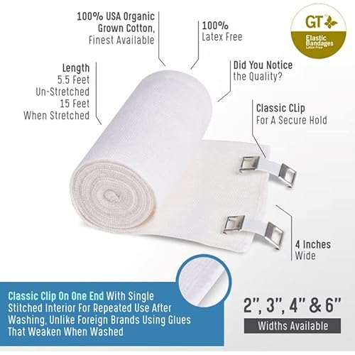 GT USA Organic Cotton Soft Woven White 3" Wide,Single | Cotton Elastic Bandage Wrap | Latex Free | Metal Clip Fasteners | Hypoallergenic Compression Roll |for Sprains & Injuries