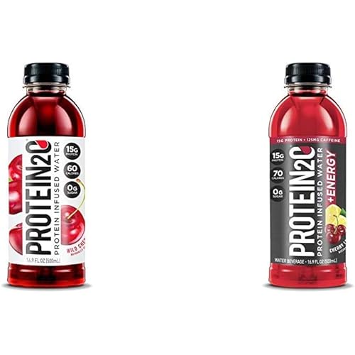 Protein2o Low-Calorie Protein Infused Water, 15g Whey Protein Isolate, Wild Cherry 16.9 Ounce, Pack of 12 & Energy, Low Calorie Protein, 15g Whey Protein Isolate, Cherry Lemonade, Pack of 12