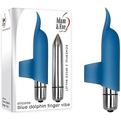 Adam & Eve Blue Dolphin Finger Vibrator with Tongue-Shaped Fin and Removable Bullet Vibrator, 4” Long | Smooth Silicone Finger Vibe with 3 Vibration Speeds | Waterproof & Submersible Vibrator