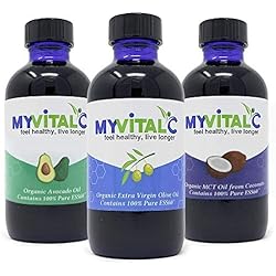 MyVitalC Combo of Organic Extra Virgin Olive Oil, MCT & Avocado Oil - ESS60 Antioxidant Supplement - for Anti-Aging, Longevity, Sleep, Energy - Pack of 3