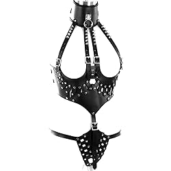 LSCZSLYH Leather BDSM Bondage Waist Underwear Chastity Belts Women Open Breast Bra with Spiked Collar SM Toys Color : Black