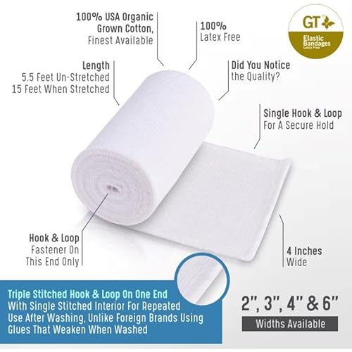 GT USA Organic Cotton Soft Woven White 2" Width, 2 Pack | Cotton Elastic Bandage Wrap | Latex Free | Hook & Loop Fastener at One End | Hypoallergenic Compression Roll for Sprains & Injuries