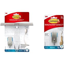 Command Bath Shower Squeegee and Hook with Water-Resistant Adhesive, 1-Squeegee, 1-Hook, 2-Strips & Small Bath Hook, Satin Nickel, 1-Hook, 2-Small Water-Resistant Strips, Organize Damage-Free