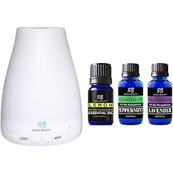 Radha Beauty Top 3 Set - 120ml Aromatherapy Auto Shut-Off 7 LED Color Light Diffuser with Essential Oils Lavender, Peppermint, Lemon. 100% Natural Gift Set for Relaxation, Home, Office, Meditation