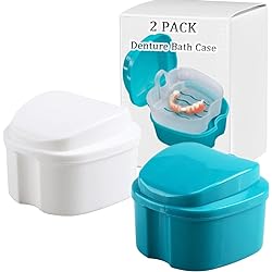 Denture Bath Box Cup Container Case, Complete Clean Care for Dentures, Clear Braces, False Teeth, Mouth Guard, Night Guard & Retainers,Traveling Blue & White