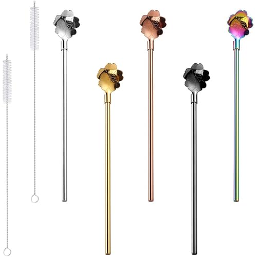 Cabilock Delicate 7pcs Stainless Steel Straw Spoon with Brushes Colorful Flower Stirring Spoon Reusable Drinking Straws