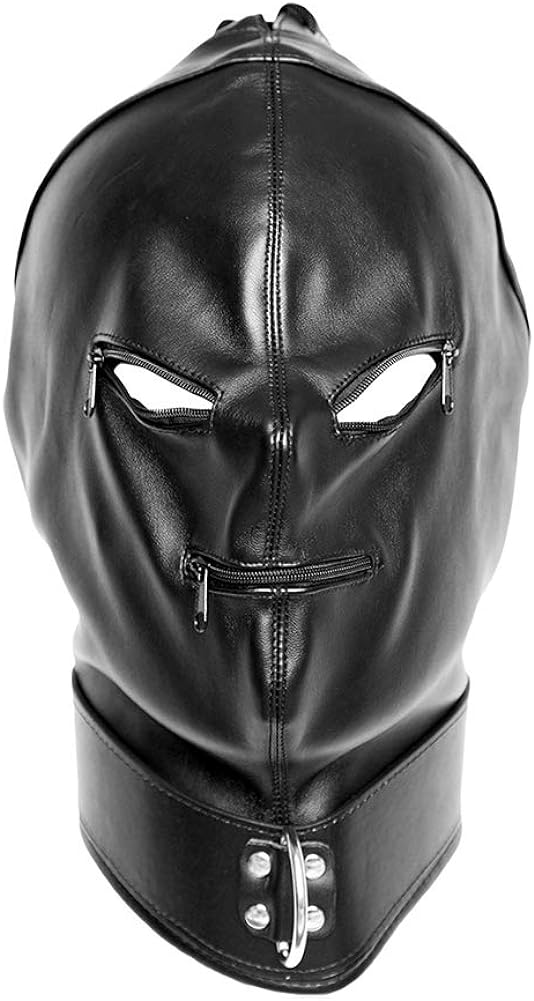Leather Bondage Mask Black Full Face Restraint Head Hood SM Head Mask BDSM Fetish Hood Adjustable Headgear with Zipper for Adults Couples Sex Factory