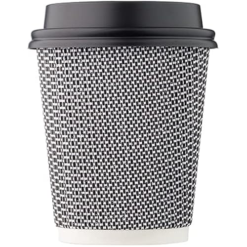 HARVEST PACK 8 oz Insulated Ripple Double-Walled Paper Cup with Lid, Black and White Geometric, Coffee Tea Hot Chocolate Drinks To go [150 SET]