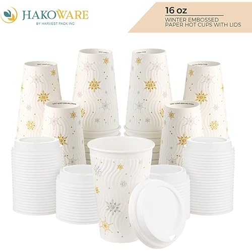 HARVEST PACK 12 oz White Snowflake Insulated Ripple Wall Paper Cup with Lid, Gold and Silver Foil, Coffee Tea Hot Chocolate Drinks To go [100 SETS]