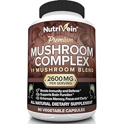 Nutrivein Mushroom Supplement - 2600mg - 90 Capsules - 11 Organic Mushrooms - Lions Mane, Cordyceps, Chaga, Reishi, Turkey Tail, Maitake, Shiitake, Agaricus, White Button, Oyster - Nootropic Complex