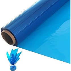 200 ft Blue Cellophane Wrap Roll 16 in x 200 ft x 2.5 Mil-Colored Cellophane Wrap-Blue Transparent Cellophane for Basket Wrap, Flower, Easter Basket Wrap, Christmas Gift Wrap-Attached with 2 Rolls Ribbon
