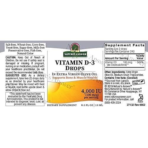 Nature's Answer Vitamin D-3 Drops | Blended with Extra Virgin Gold Olive Oil | Quickly Absorbed into Body | No Fillers, No Soy, Yeast Sugar, Milk or Preservatives 0.5oz