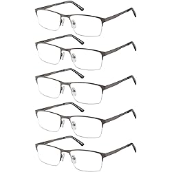 Eyecedar 5-Pack Reading Glasses Men Blue Light Blocking Half frame Rectangle Style Metal Grey Spring Hinges Readers 1.50