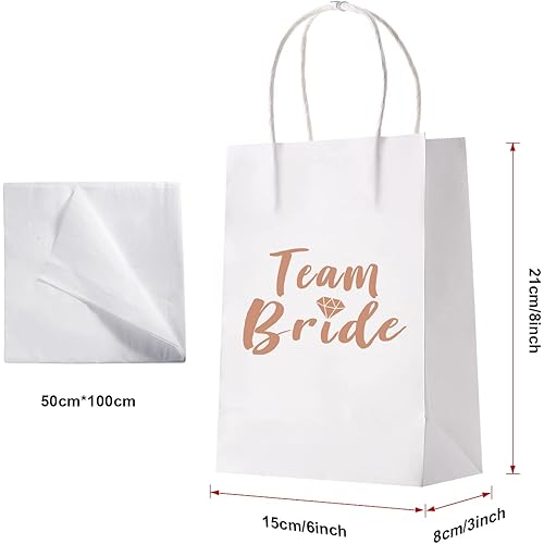 12 Pieces Team Kraft Bride Gift Bag Bridesmaid Gift Bag Wedding Bride Handles Paper Bag with 12 Pieces Tissue Paper for Bachelorette Wedding Bridal Party White, Rose Gold Letter, 3 x 6 x 8 Inch