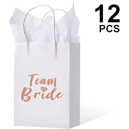 12 Pieces Team Kraft Bride Gift Bag Bridesmaid Gift Bag Wedding Bride Handles Paper Bag with 12 Pieces Tissue Paper for Bachelorette Wedding Bridal Party White, Rose Gold Letter, 3 x 6 x 8 Inch