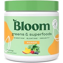 Bloom Nutrition Green Superfood | Super Greens Powder Juice & Smoothie Mix | Complete Whole Foods Organic Spirulina, Chlorella, Wheat Grass, Probiotics, Digestive Enzymes, Antioxidants Mango