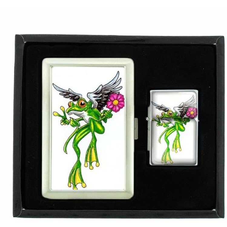 Frog Peace Angel Flower Tattoo Cigarette Case Oil Lighter Gift Set D-173