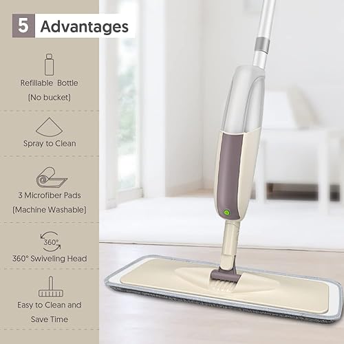 Spray Mop for Floor Cleaning, HOMTOYOU Floor Mop with a Refillable Bottle and 3 Washable Microfiber Pads, Spray Dry Wet Mop for Home Kitchen Hardwood Laminate Wood Vinyl Ceramic Tiles Floor Cleaning