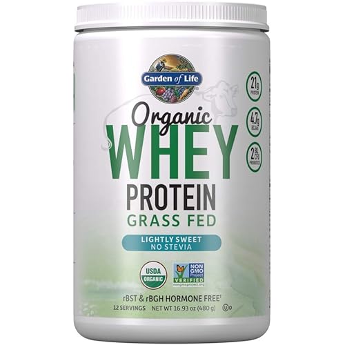 Garden of Life Organic Grass Fed Whey Powder, 21g Protein Plus Probiotics, Non-GMO, SteviaGlutenRBST & Rbgh Free, Humane Certified, Lightly Sweet, 1.05 lb