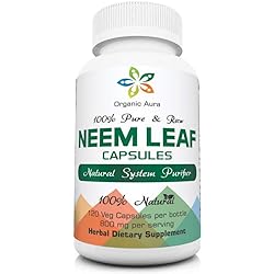 Organic Aura Premium Neem Capsules. 100% Pure and Original. Green Whole Superfood. Made with USDA Certified Organic Neem. Natures Miracle Detoxifying Agent. No GMO. Gluten Free