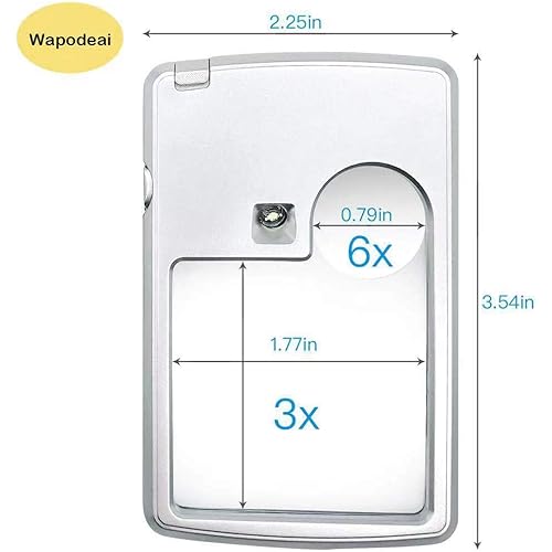 Wapodeai 6X 3X LED Magnifying Glass with Light, Premium Card Type Magnifying Glasses, Magnifying Glass for Reading, Kids, Jewelry, Science, 3X Magnifier Magnifying Glasses with Light, Silver