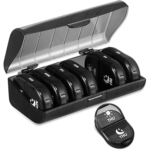 Fullicon Pill Organizer 2 Times a Day, Weekly Pill Box AM PM, Removable Medicine Organizer, Pill Cases Twice a Day - Black
