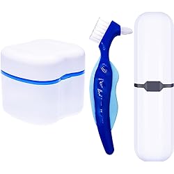 Denture Case,Denture Cups Bath, Toothbrush with hard denture, Dentures Container with Basket Denture Holder for Travel,Mouth Guard Night Gum Retainer Container Blue