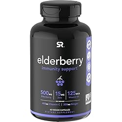 Sports Research Elderberry Immune Support with Zinc, Vitamin C D3 5000IU | Highest Extract 64:1 Equivalent 32,000mg of Organic Elderberries | Non-GMO Verified, Gluten Free 60 Veggie Capsules
