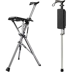 LALEO Folding Cane Seat Combo 400 lbs Capacity Portable Cane Stool Handy Folding Crutch Chair Seat 3 Legs Height Adjustable Thick Aluminum Walking Stick Tall Unisex for Elderly