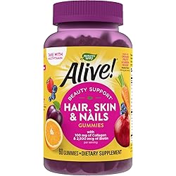 Nature's Way Alive! Hair, Skin & Nails Gummies, with Biotin and Collagen, Beauty Support, 60 Strawberry Flavored Gummies