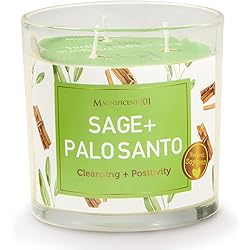 Magnificent 101 Sage & Palo Santo Energy Cleansing Candle in 14-oz. Glass Holder: 100% Natural Soy Wax & Essential Oils for Smudging, Aromatherapy, Meditation, Intention Setting; Housewarming Gift