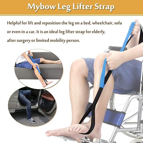 Leg Lifter Strap Rigid Foot 37'' Medical Thigh Lifter for Elderly After Knee Hip Surgery Recovery Kit & Hand Grip Therapy Tools Handicap Disability Mobility Aids for Car Bed Wheelchair Transfer Blue