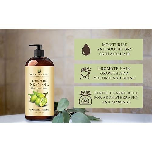 Handcraft Neem Oil – 100% Pure and Natural – Cold Pressed Neem Oil for Plants and Plant Spray - Moisturizing Neem Oil for Hair and Skin – 16 fl. Oz