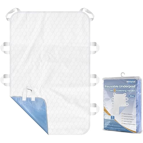 MILDPLUS Washable Bed Pads with 8 Sturdy Handles 34”×52” Extra Large Reusable Underpads 4-Layers Leakproof Chucks Pads Washable for Incontinence 1 Pack; Blue