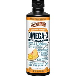 Barlean's Mango Peach Omega 3 Fish Oil Supplements - 1080mg of EPADHA, 600 IU Vitamin D3 for Brain, Heart, Joint, Immune Health - Non GMO, Gluten Free, All-Natural Fruit Smoothie - 16-Ounce