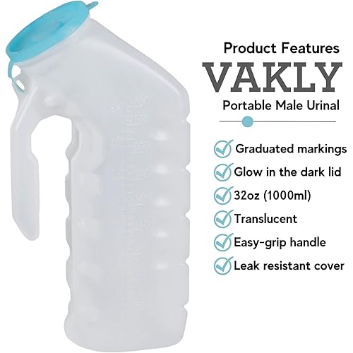 Male Urinal with Glow in The Dark Cover [32oz Pack of 2] Portable Pee Bottles for Men Used for Hospitals, Incontinence, Emergency and Travel 2