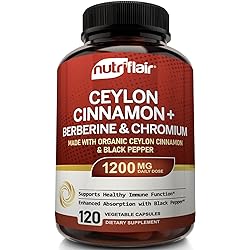 NutriFlair Ceylon Cinnamon, Berberine HCL, Chromium, Black Pepper Extract Made with True Ceylon Cinnamon - 1200mg per Serving, 120 Capsules - Lipid Levels, Antioxidant