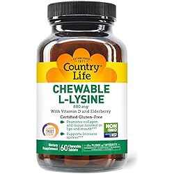 Country Life Chewable L-Lysine 600mg - 60 Chewable Tabs - Supports Immune Health - Supports Natural Collagen Production - Vitamin D - Elderberry - Great Taste