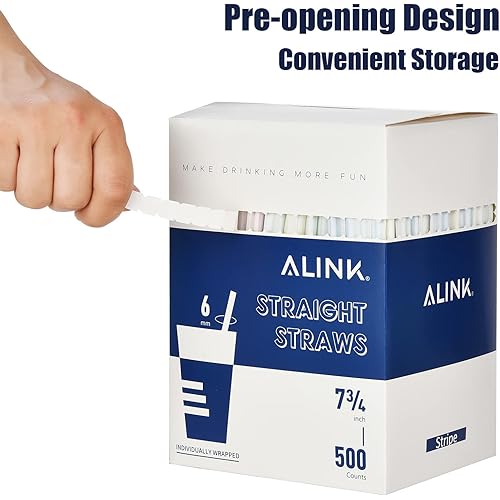 ALINK 500-Pack Striped Plastic Disposable Drinking Straws, Individually Wrapped Straight Party Straws - 7.75" x 0.23&#34