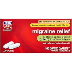 Rite Aid Migraine Relief, Acetaminophen 250mg, Aspirin 250mg, Caffeine 65mg – 100 Count Caplets | Pain RelieverFever Reducer | NSAID Anti-Inflammatory | Migraine Relief Products | First Aid Kit