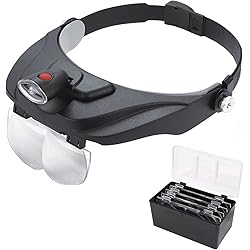 Headband Magnifier with Light for Close Work,LXIANGN 1.2X, 1.8X, 2.5X, 3.5X Dual Slot Magnifier Glasses with 4 Detachable Lens Visor for Jwewlry,Model,Repair,Crafts,Hobby