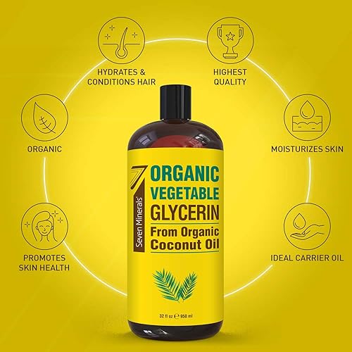 Organic Vegetable Glycerin - Big 32 fl oz Bottle - No Palm Oil, Made with Organic Coconut Oil - Therapeutical Grade Glycerine Liquid for DIYs - Perfect as Hair, Nails and Skin Moisturizer - Non-Gmo