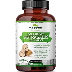 Zazzee Extra Strength Astragalus Root 20:1 Extract, 5000 mg Strength, 180 Vegan Capsules, 70% Polysaccharides, 6 Month Supply, Non-GMO and All-Natural