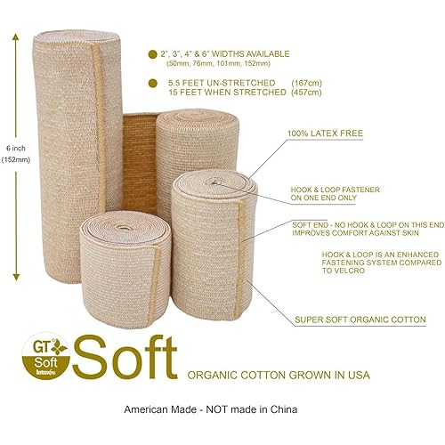 GT USA Organic Cotton Soft Woven Beige 2" Wide, Single | Cotton Elastic Bandage Wrap | Latex Free | Hook & Loop Fastner at One End | Hypoallergenic Compression Roll |for Sprains & Injuries